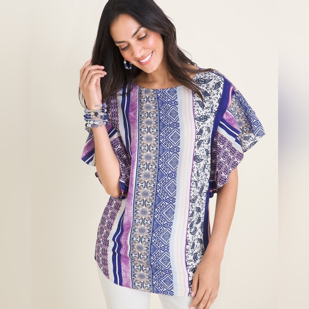 Chico's Mixed-Print Flutter Sleeve Mixed Print Striped Top Women Size Large (2)